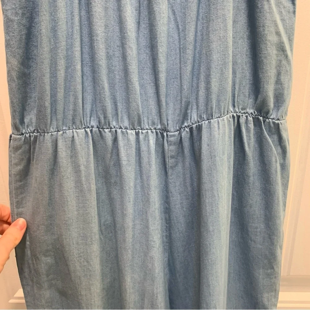 Small. Thin blue jean/ chambray jumpsuit. Embroidered top. - Picture 13 of 14